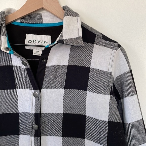 Orvis | Ladies Black White Checker Fleece Lined Button Front Shacket Size Medium - Picture 4 of 14